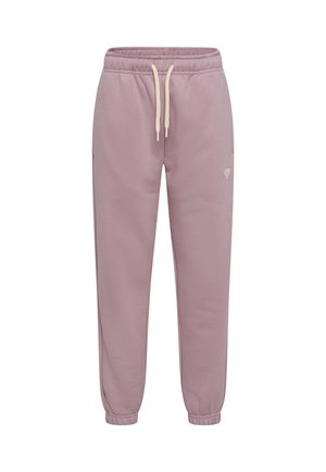 Joggingbukser i lyserlilla fleece med beige snørre, elastisk talje og manchetter samt en lille hvid broderet logo på venstre lår.