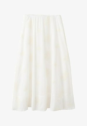 Biała długa spódnica maxi z delikatnym kwiatowym haftem i elastycznym paskiem w talii, luźny, opływowy fason sięgający do podłogi.