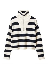 Sweter z pulowerem w paski z wysokim kołnierzem, z naprzemiennymi poziomymi paskami w kolorze granatowym i kremowym, o prążkowanej fakturze i z przodu zamek błyskawiczny.