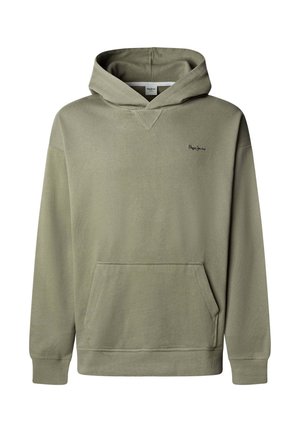 Duks s kapuljačom od maslinasto zelene pamučne tkanine s prednjim džepom u obliku torbe, rebrastim manšetama i malim logotipom na prsima. Mekana tekstura, ležeran dizajn.