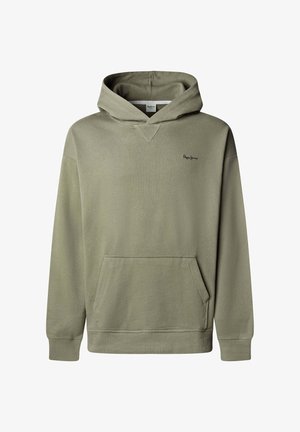 Tuunikamusterdatud kapuutsiga pusa oliivrohelisest puuvillast, esiküljel tasku, soonikvarrukad ja väike logo rinnal. Pehme tekstuur, vabaaja disain.