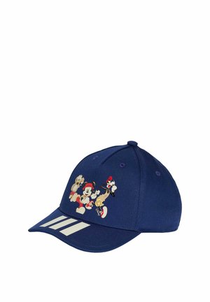 Cappellino da baseball blu navy in cotone con visiera curva, decorato con personaggi a cartone animato colorati e tre strisce bianche sul davanti.