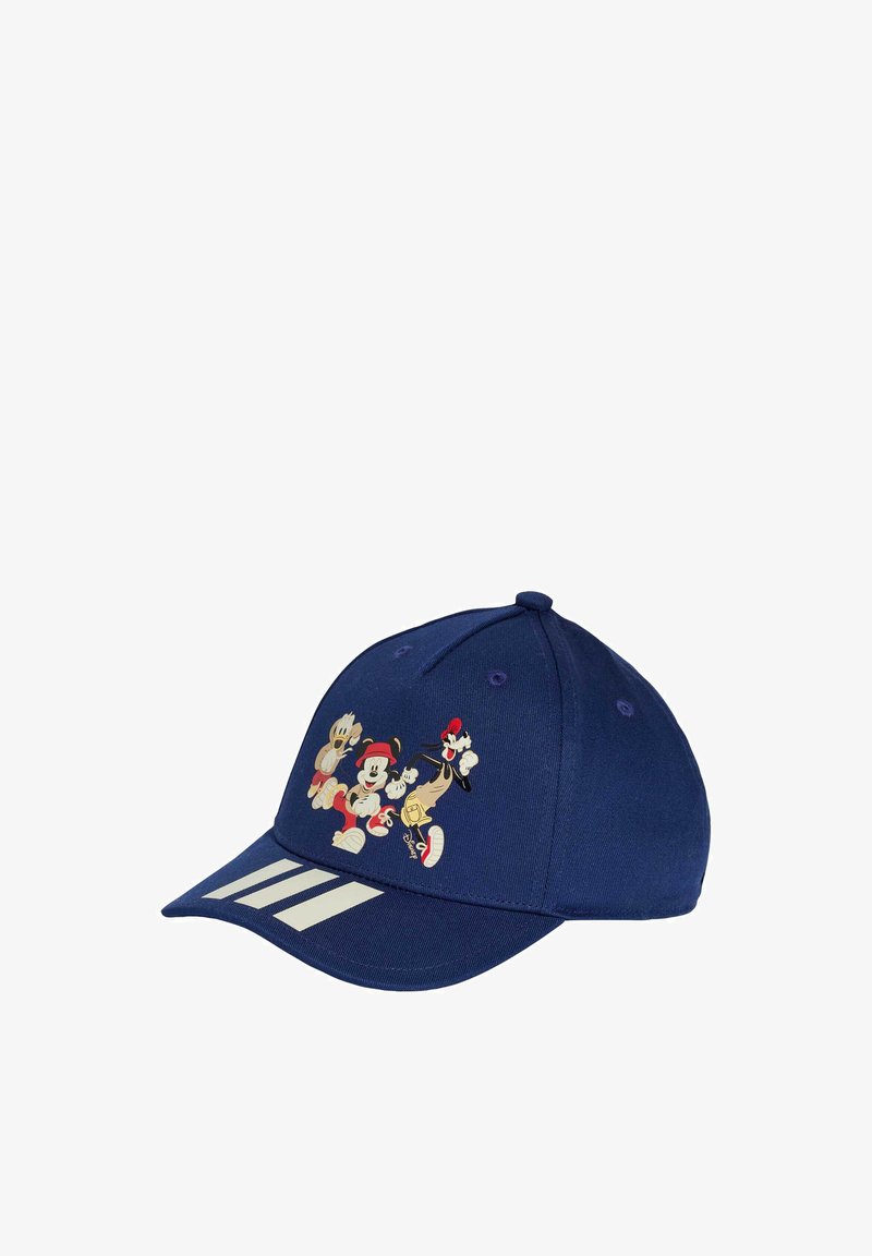 Navy blue baseball cap made of cotton with a curved brim, featuring colorful cartoon characters and three white stripes on the front.