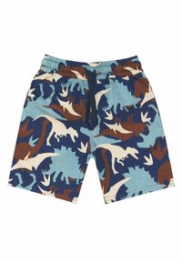 Blaue Shorts mit einem Dinosaurier-Muster in Braun und Creme. Sie haben einen elastischen Bund und einen Kordelzug und sind aus weichem Baumwollmaterial gefertigt.