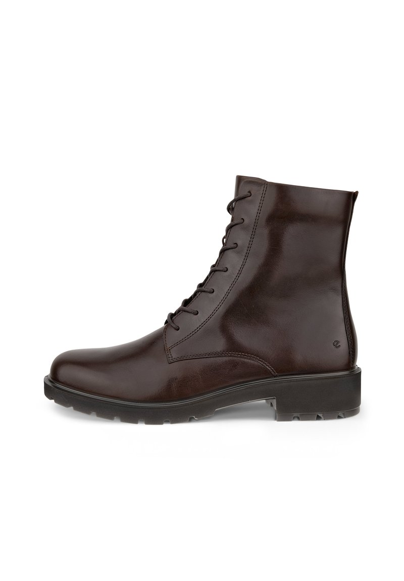 Stivaletto in pelle marrone con finitura liscia, punta rotonda, chiusura con lacci, altezza alla caviglia e suola in gomma testurizzata con trazione.