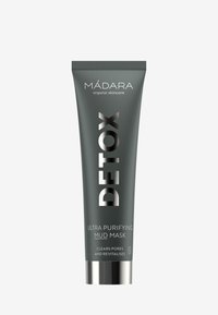 Maschera per il viso Mádara DETOX Ultra Purifying Mud in un tubo grigio ardesia opaco, con testo argentato e un cappuccio metallico, chiara etichettatura dei benefici del prodotto.