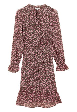 Vestido marrón de manga larga con estampado floral rosa, puños fruncidos, cintura fruncida y detalle de lazo en el escote.