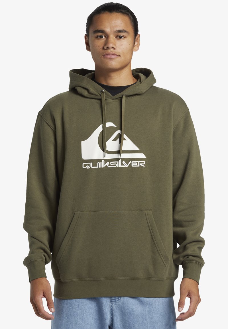 Olive green hoodie with a front pocket, featuring a large white Quiksilver logo. Material appears soft with a relaxed fit and adjustable drawstring hood.