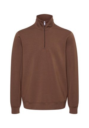 Brown zip-up sweatshirt with a high collar, long sleeves, and a smooth texture. Features a short zip closure at the neck.