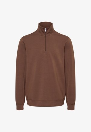 Brun zip-up sweatshirt med høj krave, lange ærmer og en glat tekstur. Har en kort lynlåslukning ved halsen.
