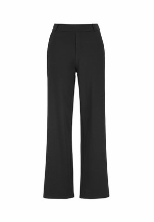 Zwarte, high-waisted, wijde broek gemaakt van een gladde, rekbare stof; heeft een strakke voorkant zonder zichtbare sluitingen of zakken.