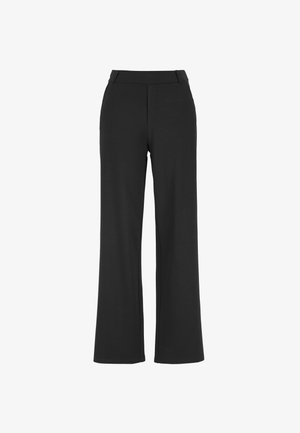 Schwarze, hoch taillierte, weit geschnittene Hose aus einem glatten, dehnbaren Material; zeichnet sich durch ein klares Frontdesign ohne sichtbare Verschlüsse oder Taschen aus.