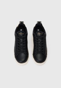 Black sneakers with a smooth leather upper, fabric detailing, and lace-up design. Features gold "REPLAY" branding and a white rubber sole.