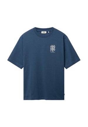 Navy blue short-sleeve T-shirt with a small white coral reef graphic and text on the left chest, round neckline, and regular fit.