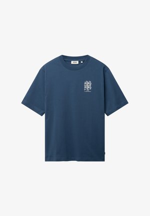 Navy blue short-sleeve T-shirt with a small white coral reef graphic and text on the left chest, round neckline, and regular fit.
