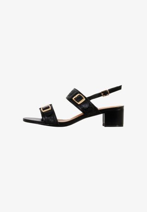 Sandalo nero con tacco basso, con due cinturini testurizzati e fibbie dorate, oltre a un cinturino regolabile alla caviglia con fibbia dorata.