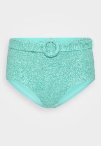 Mint green high-waisted bikini bottom featuring a textured beaded design and a decorative belt with a round buckle at the front.