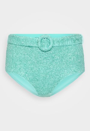 Mint green high-waisted bikini bottom featuring a textured beaded design and a decorative belt with a round buckle at the front.