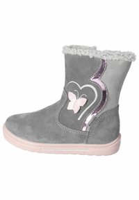 Stivaletto alla caviglia in suede grigio con dettagli in rosa, bordo in pelliccia sintetica, ricamo a forma di farfalla e un design a forma di cuore argentato sul lato, suola in gomma.