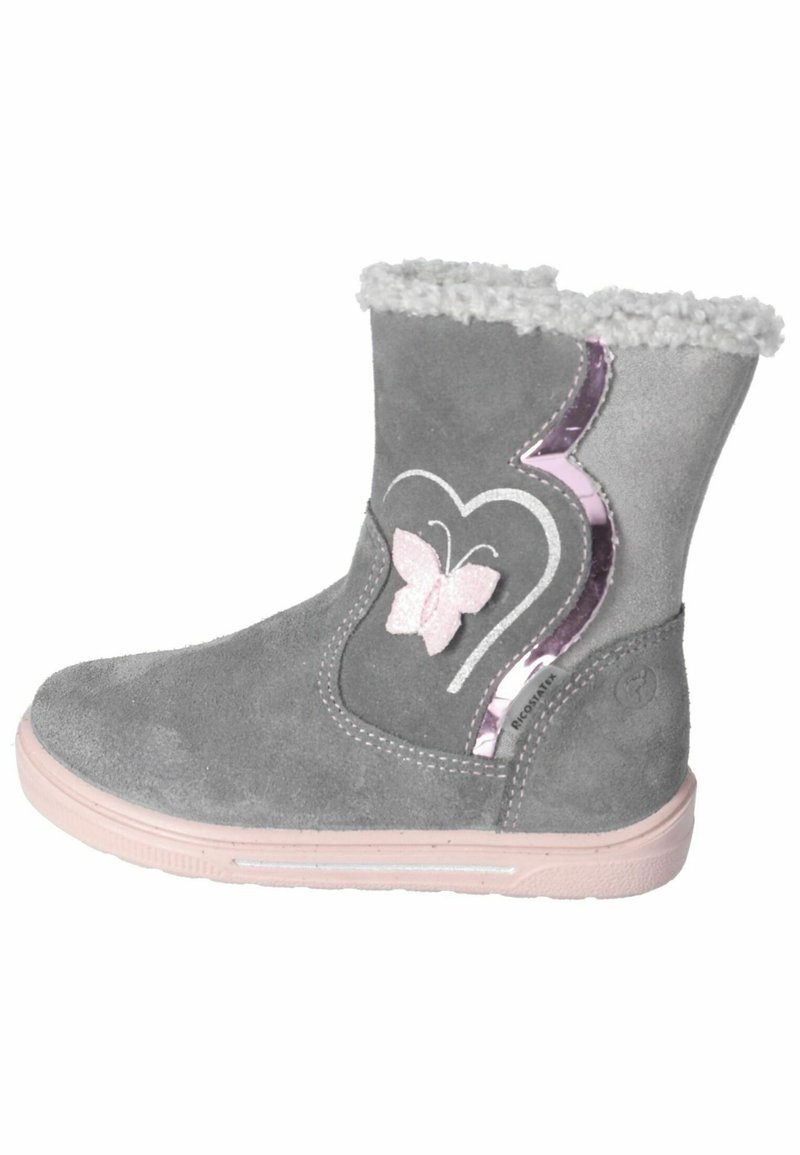 Stivaletto alla caviglia in suede grigio con dettagli in rosa, bordo in pelliccia sintetica, ricamo a forma di farfalla e un design a forma di cuore argentato sul lato, suola in gomma.