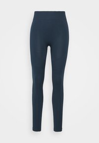 Leggings blu navy con vita alta, realizzati in un tessuto elasticizzato. Presentano pannelli testurizzati sulle cosce e un design aderente.
