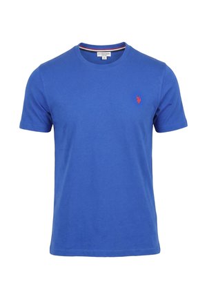 T-shirt blu a maniche corte con scollo rotondo e piccolo logo rosso ricamato sul petto a sinistra.