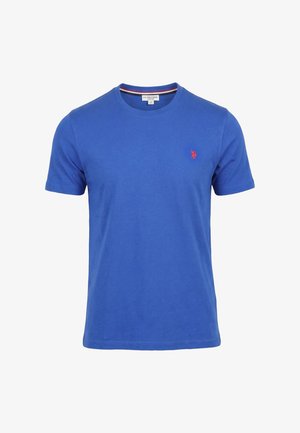 T-shirt blu a maniche corte con scollo rotondo e piccolo logo rosso ricamato sul petto a sinistra.