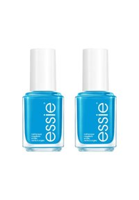 Deux flacons de vernis à ongles Essie, présentant une couleur bleu vif brillant, des contenants en verre transparent et des bouchons cylindriques blancs.