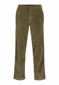 Olive green corduroy trousers with a straight cut, featuring vertical ridges, front pockets, and a button closure. Tailored leg openings.