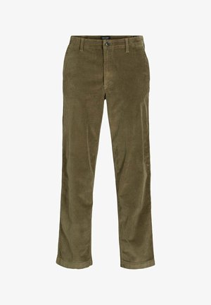 Olivové kordové nohavice so širokým strihom, ktoré majú vertikálne pruhy, predné vrecká a gombíkový zapínanie. Upravené zakončenia nohavíc.