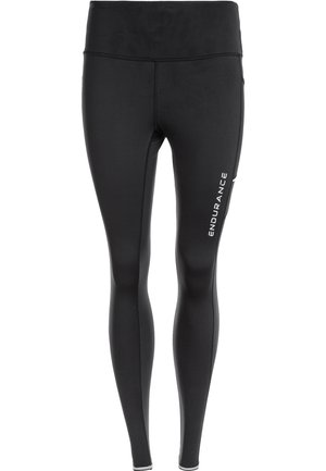 Black athletic leggings made of stretchy fabric, featuring a high waistband and the word “ENDURANCE” printed in white on the left leg.
