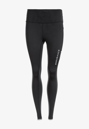 Zwarte sportleggings van rekbaar materiaal, met een hoge tailleband en het woord "ENDURANCE" in het wit gedrukt op het linkerbeen.