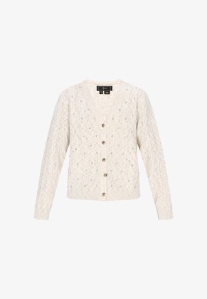 Cremfarbener, gestrickter Cardigan mit V-Ausschnitt, langen Ärmeln, Knopfleiste und kleinen, dekorativen silbernen Perlen, die über den Stoff verteilt sind.