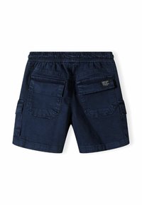 Shorts cargo bleu marine avec une taille élastique, deux grandes poches arrière et des poches latérales. Fabriqués en denim avec une texture lisse.