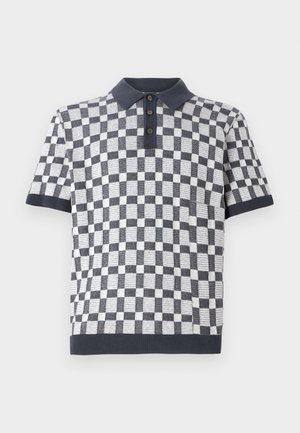 Short-sleeve polo shirt with a checkered pattern in black and white, featuring a dark collar and three button placket. Textured fabric.