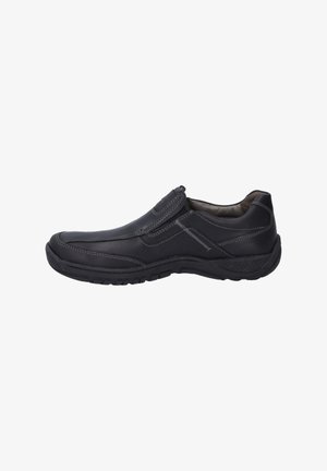 Schwarze Slipper aus glattem Lederobermaterial, mit kontrastierenden grauen Nähten und einer strukturierten Gummisohle für besseren Grip. Verfügt über ein rundes Zehen-Design.