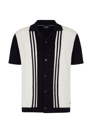 Short-sleeve knit polo shirt in navy and cream, featuring three vertical stripes, a collared neckline, and button front closure.
