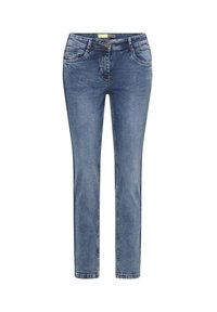 Blå denimjeans med rak passform, har fem fickor, subtil blekning och sömnadsdetaljer på bakfickorna.