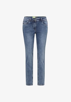 Niebieskie dżinsy wykonane z denimu o prostym kroju, z pięcioma kieszeniami, subtelnym wyblaknięciem oraz detalami przeszyć na tylnych kieszeniach.