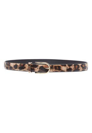 Leather belt with leopard print pattern and gold-tone rounded buckle, displayed horizontally on a white background.
