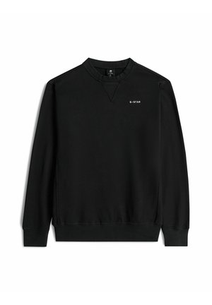 Black long-sleeve crewneck sweatshirt with ribbed cuffs and hem, small white "G-STAR" logo on the left chest.