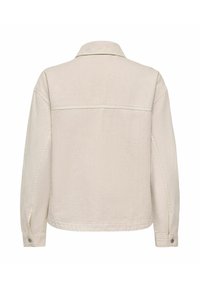 Veste en denim beige clair vue de dos avec manches longues, poignets boutonnés et col.