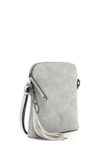 Borsa a tracolla grigia perforata con chiusura a zip, tracolla removibile e dettagli in frange bianche. Presenta accenti decorativi e un design piatto.