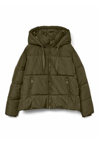 Olivgrüne gepolsterte Jacke mit Kapuze, durchgehendem Reißverschluss und zwei seitlichen Reißverschlusstaschen. Verfügt über horizontale Nähte und verstellbare Kordelzüge.