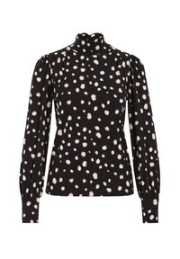 Czarna bluzka z długim rękawem i golfem, z nieregularnymi białymi grochami, bufkami na ramionach i dopasowanymi mankietami.