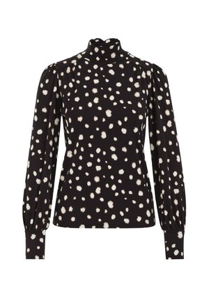 Zwarte coltrui met lange mouwen, witte onregelmatige polkadots, geplooide schouders en aangesloten manchetten.