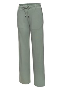 Light green, wide-leg trousers made from soft fabric. Features a drawstring waist, two side pockets, and a smooth texture.