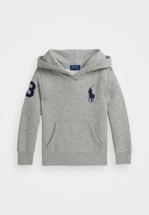 Sudadera gris hecha de mezcla de algodón, con un bolsillo frontal, puños acanalados y un gran logotipo bordado en el pecho y la manga.
