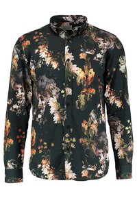 Herenoverhemd met knopen, gemaakt van donkere stof met een bloemenpatroon in tinten oranje, crème en groen; voorzien van een standaardkraag en lange mouwen.