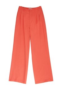 Wide-leg trousers in a vibrant coral color, featuring a textured fabric, pleated front, and a high waist design.